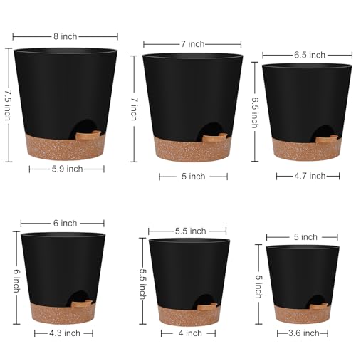 YNNICO Indoor Self Watering Planters with Drainage Holes and Saucers, 8, 7, 6.5, 6, 5.5, 5 Inches, Black, 6 Pots - color: Black, size: 8+7+6.5+6+5.5+5 inch