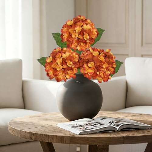 Hollyone 3Pcs Orange Hydrangea Artificial Flowers 28.7" Real Touch Large Faux Silk Hydrangeas Flowers with Stems Fake Flower for Home Wedding Floral Arrangement Centerpiece Table Vase Fall Decor - color: Orange