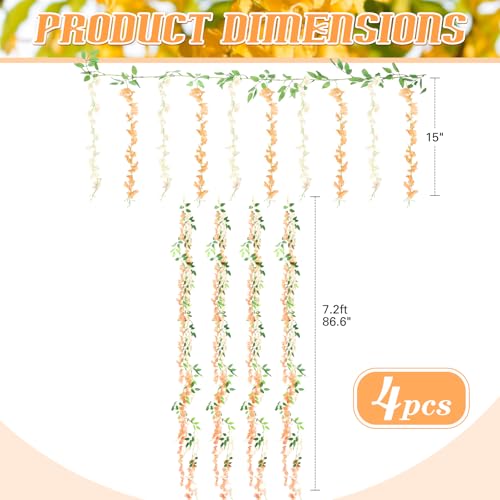 Thiccywoov 4pcs Wisteria Artificial Flowers Garland, 7.2Ft/Piece Wisteria Hanging Flowers Garland for Wedding Arch Decoration Outdoor Ceremony Home Backdrop Garden (Champagne,Orange) - color: Champagne,orange