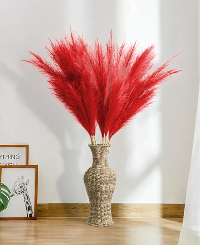 9 Pcs 45" Tall Pampas Grass Red Decor, Long Stem Artificial Flower Floor Vase Large Faux Floral Pompas Fake Plants Dried Bouquet Arrangement Vase Filler for Boho Home Wedding Decoration - color: 9 Pcs 45" Red Style