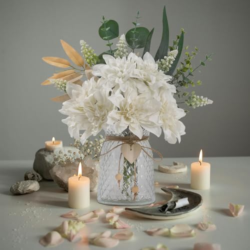 Fake Flowers with Vase Silk Flowers in Vase Dahlia Flowers Arrangement Suitable for Home Office Decoration, Dining Table Centerpiece (Dahlia-White) - color: Dahlia-white