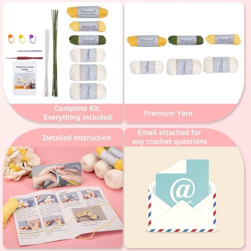 Noocro Crochet Kit Flower Bouquet, Rose, Lily Myosotis, Poppy, Tulip and Orchid with Video Tutorial and Detailed Instructions, Complete Kit Craft Supplies Holiday Gift (Orchid)