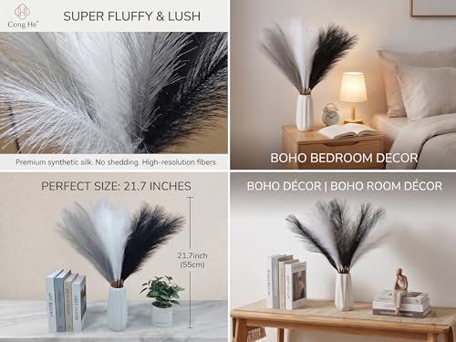 30Pcs Artificial Pampas Grass Decor - 21.7" Fluffy Black White Grey Faux Flowers for Vase, No Shed Boho Room Decor, Wedding Table Centerpieces & Photography Props - size: Black White Grey