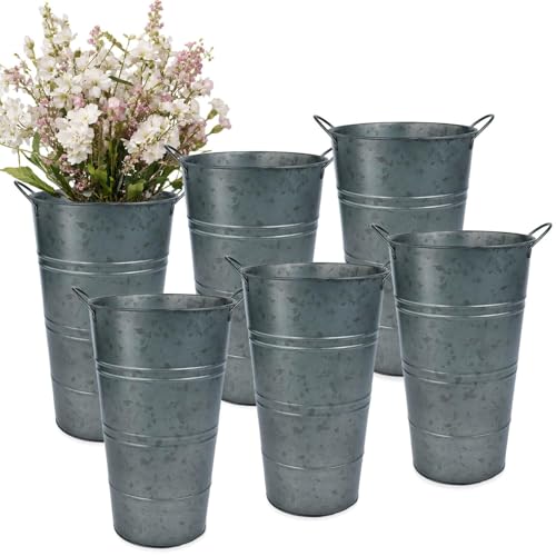 vensovo 12 Inch Galvanized Metal Vases for Flowers - 6 Pcs Farmhouse Decorative Tall Flower Bucket with Handles, Rustic French Tin Planter Buckets for Wedding Decor (Galvanized Black) - color: Galvanized Black
