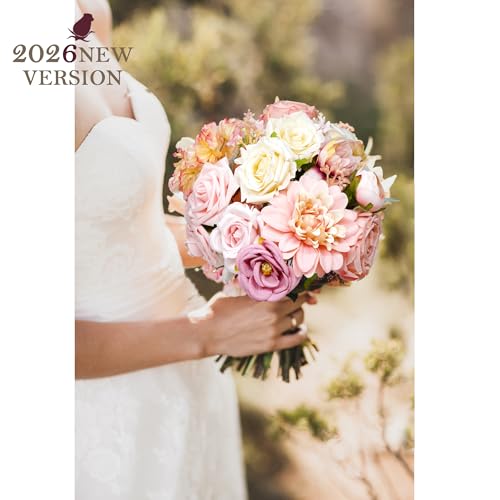 Pink Artificial Flowers Combo Silk Mix Fake Flowers with Stem for DIY Wedding Arch Bridal Bouquets Baby Shower Centerpieces Party Wall Home Decorations - color: Pink,white