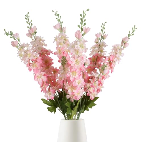 6PCS Pink Artificial Flowers 33" Pink Delphinium Silk Flowers Long Stem Fake Pink Flowers for Wedding Centerpieces for Home Tables Party Decor (Pink) - color: Pink