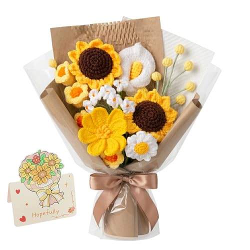 Sunflower Daisy Crochet Flowers Bouquet Handmade Knitted Artificial Flowers Home Decor Mother's Day Graduation Birthday Anniversary Wedding Gift for Wife Lover Teacher Friends (Include Card) - color: Flowers014
