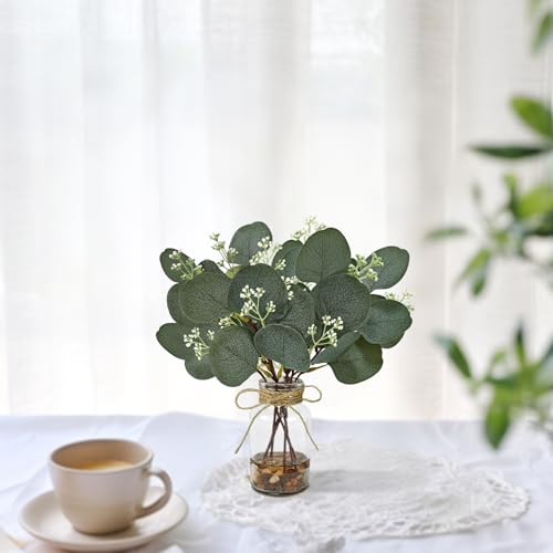 2 Pack Artificial Eucalyptus Stems in Glass Vases, 11" Fake Plants with Faux Water Stones, Small Faux Plants for Kitchen Bathroom Shelf Coffee Table Decor (DarkGreen) - color: Darkgreen
