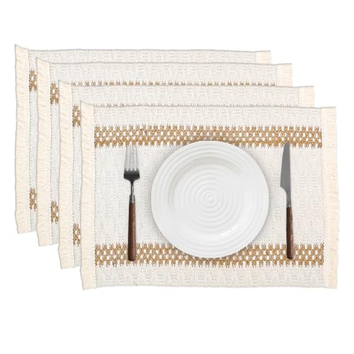 Niviy Boho Placemats Set of 4, 12x18 Inch Natural Cotton Burlap and Kitchen Woven Thanksgiving Placemats with Tassels for Dining Table Centerpiece Home Decorations - color: Beige & Brown, size: 12" x 18", Set of 4