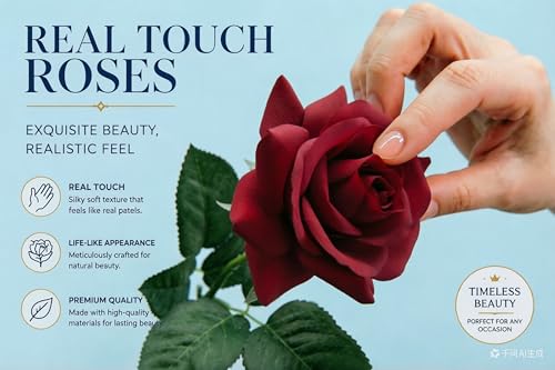10 Pcs Real Touch Artificial Roses Fake Rose Long Stem Silk Faux Flowers Bridal Bouquet for Wedding Home Decor Romantic Valentine Gifts (Red) - color: Red