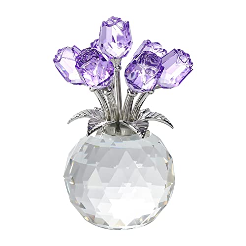 Purple Rose Flower Crystal Figurine with Vase, Bouquet Flowers Ornament Gifts for Wife Girlfriend Women , Handmade Crystal Flower Collectible Home Table Decor for Valentine's Day Wedding Anniversary - color: Purple-crystal Rose