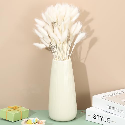 PATIKIL 15.7in Bunny Tails Dried Flowers, 80pcs Pampas Grass Decor Rabbit Tail Natural Pampas Grass Bulk Fluffy Faux Pampas Grass Dried for Home Boho Decor Vase Wedding Table, White - color: White