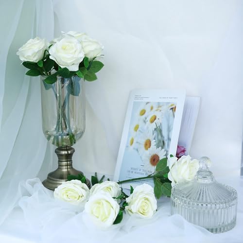 Felice Arts 12 Pack White Roses Wedding Flowers with Stems Artificial Flowers Fake Rose Silk Roses Bouquet for Table Vase Party Home Kitchen Wedding Decor - color: White