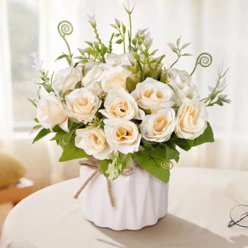 Fake Flowers with Vase,White Roses Artificial Flowers in Vase | Faux Flower Plant Arrangement,No Maintenance Faux Flower Arrangement, 6.3 Inch Realistic Table Decor for Home Office Wedding - color: White