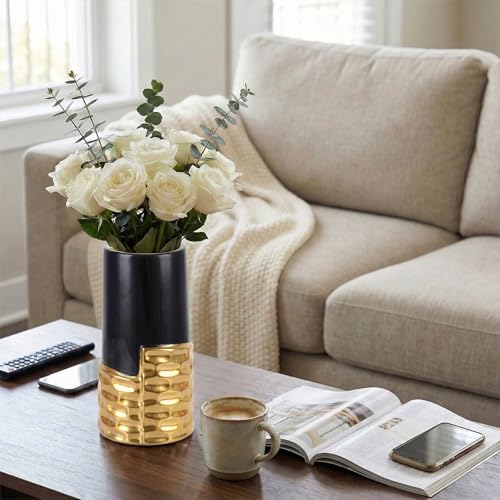 LCCCK 7.0" Gold Hammered Vase Home Decor, Elegant Ceramic Black and Gold Flower Vase for Pampas Grass Decorative, Boho Small Cylinder Vases Centerpiece, Dining Table Living Room Jarrones Art - color: Black and Gold