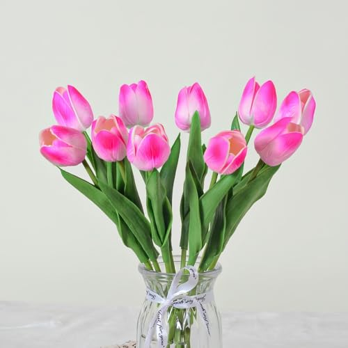 Artificial Flowers Tulips Fake Flowers Real Touch Latex Tulips Faux Flowers Bouquet for Wedding Party Arrangements Home Decor and Baby Shower Centerpieces (10, Gradual Powder) - color: Gradual Powder