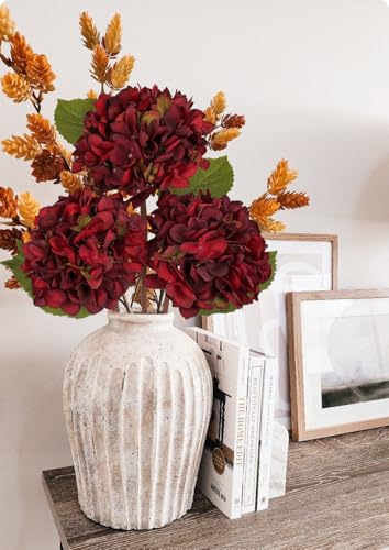 Hollyone 3Pcs Dark Red Hydrangea Artificial Flowers Faux Dried Touch Hydrangeas Silk Flowers with Stems Fake Fall Florals Flower for Home Wedding Table Centerpiece Vase Arrangements Fall Decorations - color: Red - Dried Hydrangea