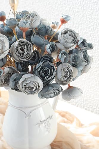 Floroom Ranunculus Artificial Flowers 18 Pcs Dusty Blue Faux Silk Mini Ranunculus Bulk Fake Wedding Filler Flowers for DIY Bouquets, Centerpieces, Bridal Shower Decorations & Arrangements - color: Dusty Blue