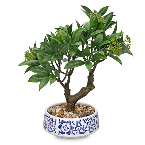 Artificial Bonsai Tree, Small Bay Laurel Bonsai Tree 13" Indoor Bonsai Tree | Fake Potted Plant Decorative Fake Desk Plant Decor with Blue & White Ceramic Pot for Home Office Living Room Table Shelf - color: Green Bay&blue and White Pot