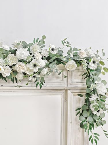 MISSPIN 8FT Eucalyptus and Willow Leaf Garland with Artificial Flowers Fake Flower Peony Rose Vine Greenery Decorative Wall Hanging Plant for Spring Wedding Arch Backdrop Door Arrangement Party Decor - color: White
