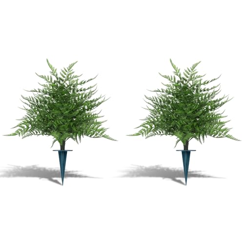 2Pcs Artificial Topiary Ball Trees, 16'' UV Resistant Evergreen | Fake Fern Plants with Ground Spike, Faux Bushes, Artificial Shrubs for Outdoors Indoor Front Porch Garden - color: Fern