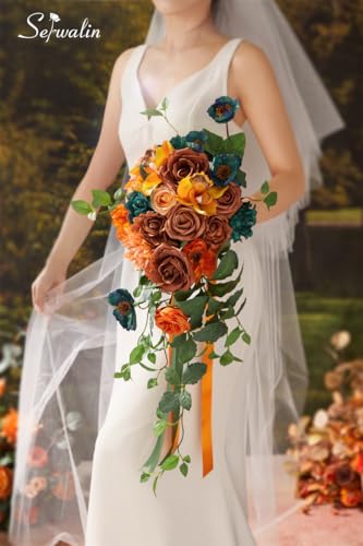 Serwalin Orange & Teal Wedding Bouquets for Bride & Bridesmaid - Fall Cascading Artificial Flower Bouquets for Wedding Ceremony, Bridal Shower & Anniversary - color: Acclaimed Teal and Burnt Orange