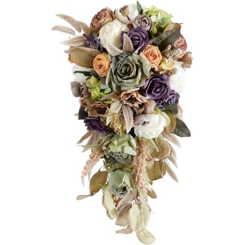 9.8 Inch Vintage Cascading Bridal Bouquet Waterfall Cascade Wedding Bouquet Bride with Artificial Rose Flower Rustic Boho Wedding Bouquet Dusty Green and Dusty Purple - color: Dusty Green & Dusty Purple