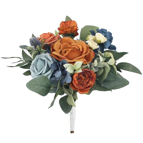 Rinlong Navy Terracotta Bridesmaid Bouquet, Fall Wedding Bouquets | Bridal Bouquet, Prom, Homecoming, Destination Friendly - color: 02-navy & Terracotta