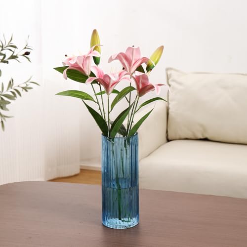Blue Glass Vase, Glass Flower Vase, Ribbed Glass Vases, Blue Vase, Tall Cylinder Vases for Centerpieces, Living Room, Bedroom, Dining Table, Office, Wedding, Bookshelf Decoration, 10 Inches - color: Blue, size: 10''