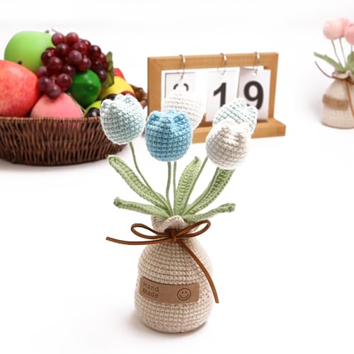 Crocheted Tulips, Hand-Woven Potted Plants, Permanent Tulips, Used for Creative DIY Table Decoration, Birthday Gift ，Graduation Ceremony, Christmas and Thanksgiving (5 Flowers-Blue) - color: Blue B, size: B
