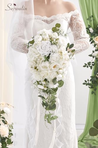 Serwalin 11 Inch Wedding Bouquets for Bride Bridesmaid, White Rose Bridal Bouquets for Bride, Wedding Flowers Bouquet Tossing Bouquet, Ceremony and Anniversary - color: White