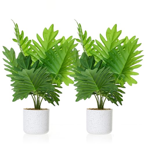2Pcs Philodendron Fake Plants in White Potted, 17.7" Faux Green Bonsai Tree with Realistic Leaves, Decorative Artificial Plant Indoor for Home Office Entryway Decor - size: 17.7"