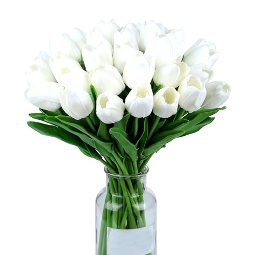 SITUMEIZI 15pcs White Flowers Artificial Tulips Fake PU Flowers 14" in Bulk Home Kitchen Easter Wedding Decor Spring Easter Bouquet Decorations Floral Arrangements Real Touch Flower - color: White
