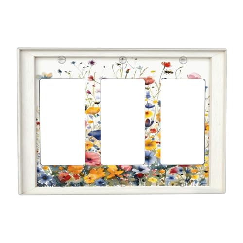 Decorative Art Light Switch Covers Watercolor Wildflower Bouquet 3 Gang Triple Rocker Outlet Switch plate GFCI Faceplate GFCI for Home Decor - color: Watercolor Wildflower Bouquet, size: 3-Gang Rocker /6.38 x 4.49 IN