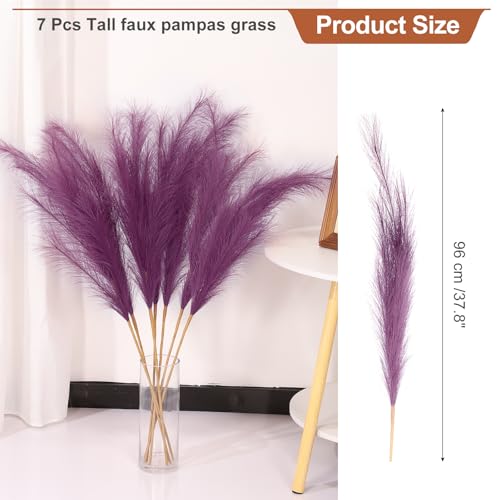 PATIKIL 37.8in Tall Pampas Grass Decor, 7pcs Large Artificial Pampas Grass Bulk Long Fluffy Faux Pampas Grass Dried for Home Boho Decor Vase Wedding Wall Ground, Dark Red - color: Dark Red