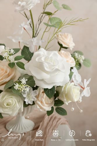 Ling's moment Fake Flowers Box, Faux Artificial Greenery Stems Foam Roses Gardenia Silk Eucalyptus Rose Leaf Fabic Flower for Centerpieces Bouquet Wedding Vase Decorations, White & Sage, Deluxe Combo - color: Wht-white & Sage, size: Deluxe