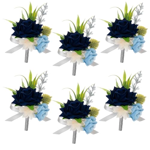 AuroraAria Navy Blue Boutonniere for Men,Set of 6,Groom Boutonniere for Wedding,Anniversary,Homecoming,Formal Dinner Party,Wedding Decor,Artificial Blue Rose - color: Blue-navy Blue