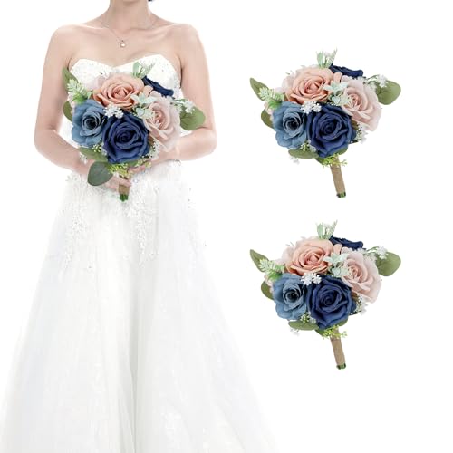 Set of 2 Bridesmaid Bouquets for Wedding - 7 Inch Artificial Flowers Bouquets for Ceremony Anniversary Centerpieces Decorations - Navy Blue and Dusty - color: Navy & Dusty, size: Set of 2 Bridesmaid Bouquets