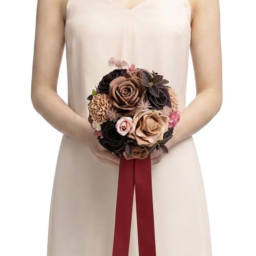 Ling's moment Earth Brown & Black Baccara Artificial Wedding Flower Bouquets for Bridesmaids Brown Floral Bouquet Bridesmaid Bouquets with Ribbon Ceremony Anniversary,7-inch Diameter - color: Br-earth Brown & Black Baccara