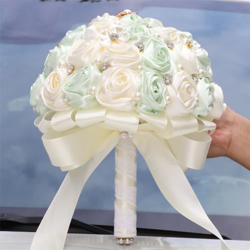 Bridal Wedding Bouquet with Rhinestone Brooch Pearl Bouquet for Bride Bridesmaid Quinceanera Rose Flower Bridal Bouquet Wedding Light Green and Ivory 7.5in - color: Light Green & Ivory, size: Medium (DIA. 7.5"/19cm)