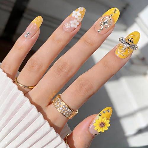 Handmade Press on Nails 24 Pcs, 3D Sunflowers, Medium almond, Yellow | Handmade 12 Sizes False Nails, French Tips,Almond Length,3D Cute Honey,Flower,Manicure Kit,Women&Girls,Spring&Summer,Party