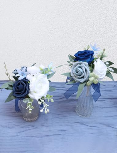 Marriwise Set of 6 Navy Blue Assorted Wedding Flower Centerpieces Pre-Made Mini Bridesmaid Bouquets Artificial Floral Rose Table Decor for Outdoor Beach Wedding Decorations Shower Home Decor - color: Navy Blue