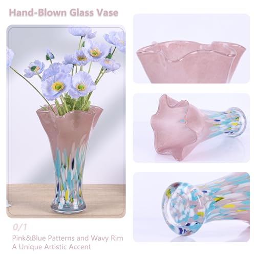 9.0" H Blush Glass Vases for Flowers, Unique Hand Blown Glass Vase Blush Home Decor, Wide Mouth Colorful Flower Vase Centerpieces, for Living Room Table Bookshelf, Bathroom Office Shelf Decorative - color: Blush
