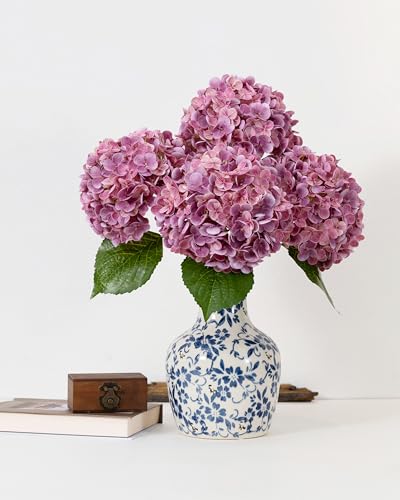 DuHouse 3Pcs Large Hydrangea Artificial Flowers,20 inch Latex Real Touch Hydrangeas with Long Stems & Leaves for Home Decor Party Floral Arrangements Wedding Bouquets Centerpieces(Rose Red) - color: Rose Red, size: 3pcs