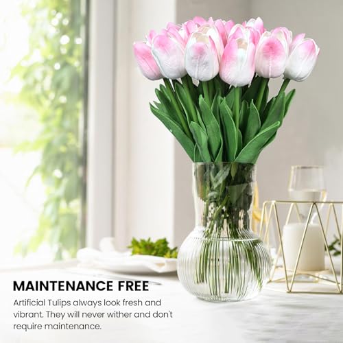 30 PCS Artificial Tulips Real Touch Tulips 13.5inch Long Stem Fake Flowers Silk Flowers for Spring Easter Mother's Day Decorations（Light Pink） - color: Light Pink