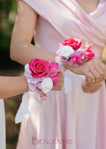 Hot Pink Wrist Corsage for Wedding(Set of 6), Wrist corsages for Prom,Party Prom Hand Flower Decor,Mother of The Bride Corsage,Bridesmaid Wrist Corsage - color: Hot Pink