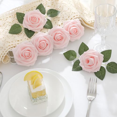 DerBlue 60pcs Artificial Roses Flowers Real Looking Fake Roses Artificial Foam Roses Decoration DIY for Wedding,Arrangements Party Home Decorations - color: Blush Pink