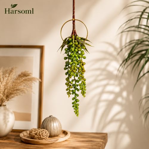 3PCS Artificial Succulents Hanging Plants,13.7 Inch Fake String of Pearls Greenery Plants 5 Branches for Home Garden Office Party Balcony Wall Indoor Outdoor Decoration - color: Green-14in