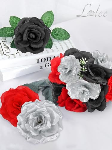 108pcs Roses Head Flowers with Stem - Red & Black Silver Graduation Artificial Flowers Rose Bulk - Silk Rose Fake Flower for Wedding Bouquet Decor DIY Baby Shower Centerpieces Grad Party Tables Decor - color: Silver-red-black