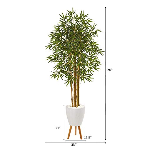 Nearly Natural 74in. Multi Bambusa Bamboo Artificial Tree in White Planter with Stand